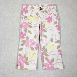 Vtg Old Navy Girl's Zip Snap Fly White Pink Floral Y2K 2005 Crop Pants